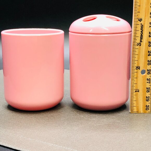 Vintage 80s TEA ROSE Dusty Pink Bathroom Accessory Set: Toothbrush Holder - Cup - Picture 8 of 8